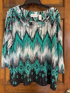 Alfred Dunner Teal Black White Geo-Print Scoop Neck Tunic, XL
